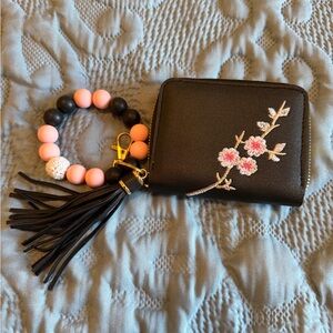 Black Floral Embroidered Wallet with Beaded Keychain